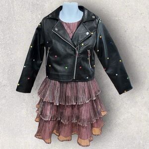 FAO Fabulous by FAO Schwarz Girls Ruffle Dress and black faux-leather jacket